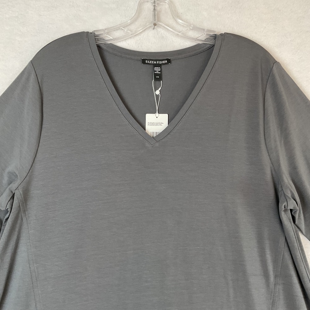 Eileen Fisher Metor Grey Tencel V-Neck A-Line Dress 3/4 Sleeve Pockets L NEW - Picture 2 of 10